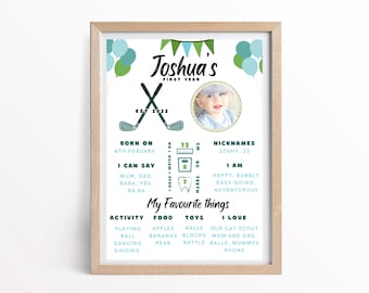 Hole in One Golf Birthday Milestone Poster Editable boys Birthday stats Boys 1st Birthday milestone board Personalized golf birthday board