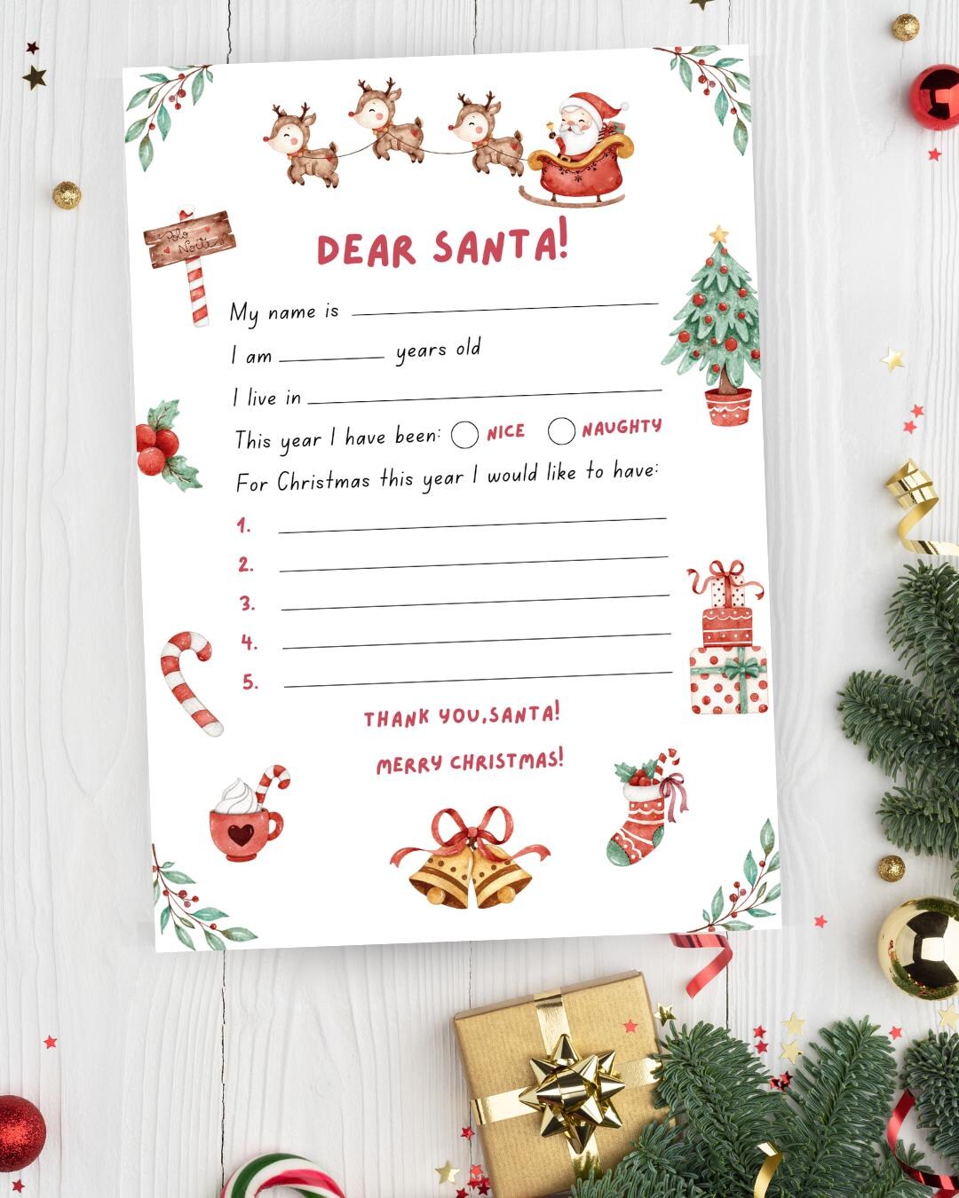 Dear Santa Letter Template for Kids: Christmas Wish List (instant ...