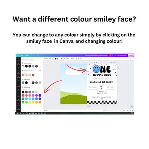 May include: A computer screen showing a Canva design template for a birthday invitation. The design features a blue smiley face with the text "ONE HAPPY DUDE" and "LIANS 1ST BIRTHDAY".