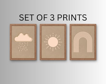 Sun, Clouds & Rainbows Set Of 3 Poster | Wall Art Print | Maximalist Decor | Weather, Seasons, Beige, A3/A4/A5/A6