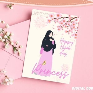 Carta hijab personalizzata - Elegante donna con hijab sotto un albero in fiore - Festa con hijab - Carta digitale - Il 100% del ricavato verrà donato in beneficenza