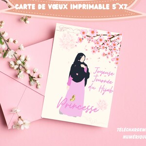 Carte hijab personnalisee - Elegante Dame en Hijab sous un arbre en fleurs - Fete du hijab - Carte digitale