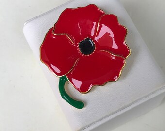 Broche dorée vintage en émail avec fleurs de pavot rouge