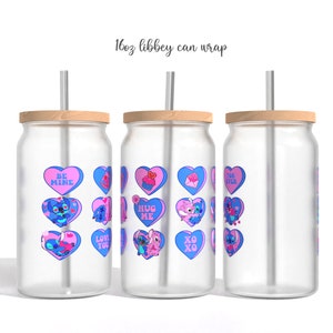 Dessin animé Valentines Glass Can Sublimation PNG, Valentines love Cartoon 16oz Libbey Glass Can Wrap Design Png Design, Modèle de canette en verre