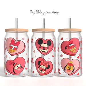 Cartoon Valentines Glass Can Sublimation PNG, valentines love Cartoon 16oz Libbey Glass Can Wrap Design Png Design, Glass Can Template
