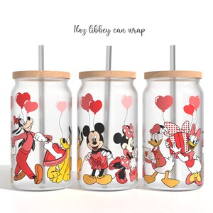 Cartoon Valentines Glass Can Sublimation PNG, valentines love Cartoon 16oz Libbey Glass Can Wrap Design Png Design, Glass Can Template