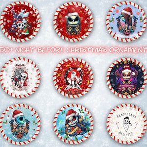 Modello di sublimazione PNG con pacchetto di ornamenti natalizi rotondi di oltre 50 cartoni animati, disegni Png commemorativi per ornamenti natalizi con foto Download digitale