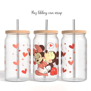 Cartoon Valentines Glass Can Sublimation PNG, valentines love Cartoon 16oz Libbey Glass Can Wrap Design Png Design, Glass Can Template