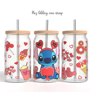 Cartoon Valentines Glass Can Sublimation PNG, valentines love Cartoon 16oz Libbey Glass Can Wrap Design Png Design, Glass Can Template