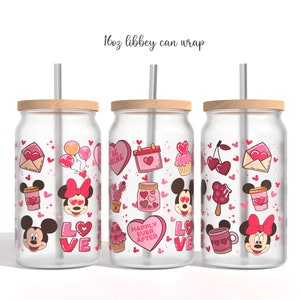 Cartoon Valentines Glass Can Sublimation PNG, valentines love Cartoon 16oz Libbey Glass Can Wrap Design Png Design, Glass Can Template
