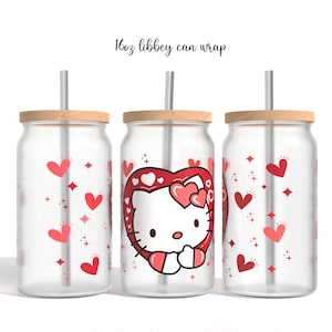 Cartoon Valentines Glass Can Sublimation PNG, valentines love Cartoon 16oz Libbey Glass Can Wrap Design Png Design, Glass Can Template