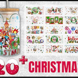 20 + Cartoon Christmas Glass Can Sublimation PNG, xmas Cartoon 16oz Libbey Glass Can Wrap Design Png Design, Glass Can Template