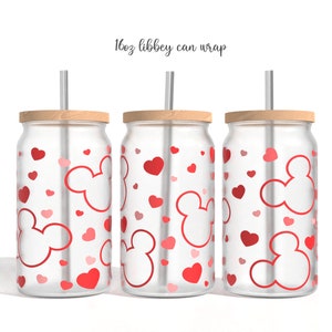 Cartoon Valentines Glass Can Sublimation PNG, Valentines Love Cartoon 16oz Libbey Glass Can Wrap Design Diseño Png, Plantilla de lata de vidrio