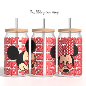 Cartoon Valentines Glass Can Sublimation PNG, valentines love Cartoon 16oz Libbey Glass Can Wrap Design Png Design, Glass Can Template