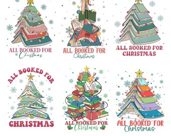 May include: Six digital illustrations of Christmas trees made of stacked books with the text "All Booked for Christmas" on each. The trees are decorated with lights and ornaments.