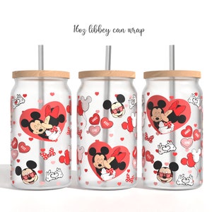 Cartoon Valentines Glass Can Sublimation PNG, valentines love Cartoon 16oz Libbey Glass Can Wrap Design Png Design, Glass Can Template