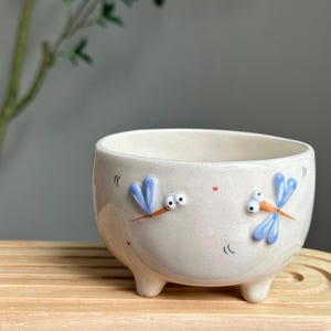 May include: A cream-coloured ceramic planter with three small feet. The planter is decorated with two blue dragonfly designs with orange beaks and googly eyes. The planter is sitting on a wooden surface.