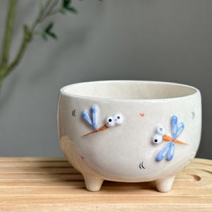 Puede incluir: Una maceta de cerámica color crema con tres patas pequeñas. Está decorada con dos diseños caprichosos de libélulas en azul, naranja y blanco. Un pequeño corazón está pintado en el lateral.