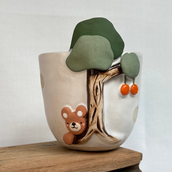 Jardinière ours + arbre, céramique faite main, cache-pot, poterie, pot pour succulentes et cactus, jardinière ours mignon, cache-pot en céramique
