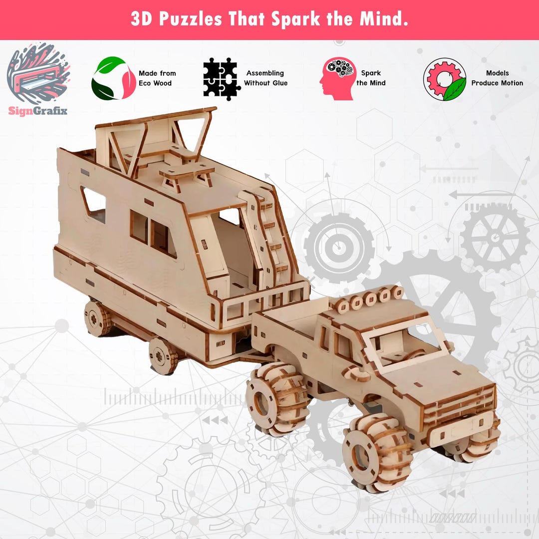 Shape Puzzle Rv 3D Wooden Off-road RV Puzzle Model – DIY Assembly Kit With Pickup Truck ...