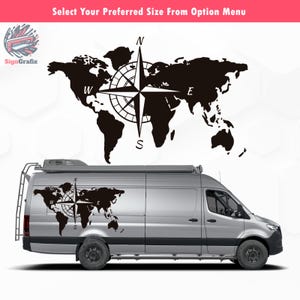 Vinylsticker wereldkaart kompas – avontuurgedreven ontwerp voor auto's, campers, campers, vrachtwagens, muren, sticker wereldkaart kompas, sticker kompas