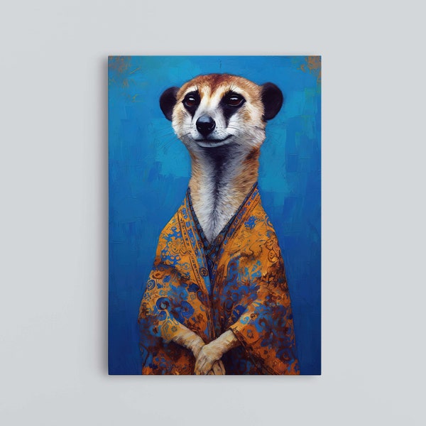 Erdmännchen: Moderne Kunst auf Leinwand und Acrylglas, dekoratives, lebendiges Tierportrait, blauer Hintergrund, funkelnde Augen, Geschenk