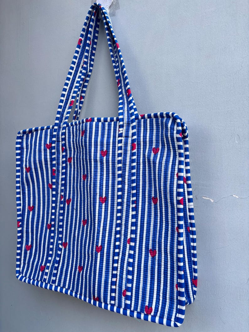 Handmade Quilted Cotton Tote Bag, Blue Striped Heart ,everyday Shopping ...