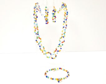Multi color glass beaded necklace, bracelet and earrings set