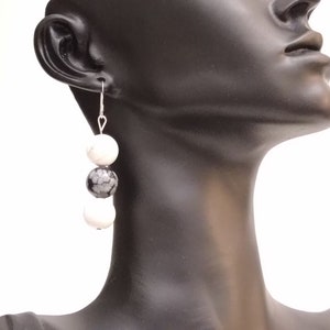 925 Sterling Silver Earrings- White and Black Marble Beaded Earrings- Glass Earrings- Handmade Gifts