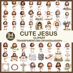 Pode incluir: Uma cole&ccedil;&atilde;o de 94 imagens clipart PNG com ilustra&ccedil;&otilde;es de desenhos animados de Jesus. As imagens mostram Jesus em v&aacute;rias poses e ambientes, com texto que diz "Cute Jesus" e "Deus &eacute; o meu ref&uacute;gio".