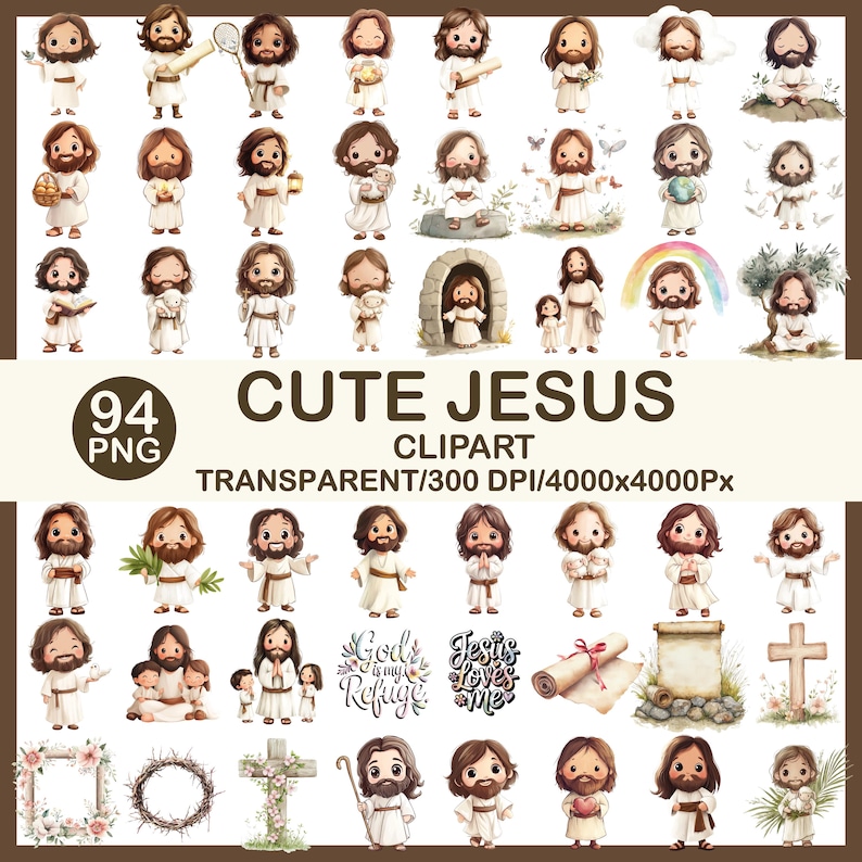Pode incluir: Uma cole&ccedil;&atilde;o de 94 imagens clipart PNG com ilustra&ccedil;&otilde;es de desenhos animados de Jesus. As imagens mostram Jesus em v&aacute;rias poses e ambientes, com texto que diz "Cute Jesus" e "Deus &eacute; o meu ref&uacute;gio".