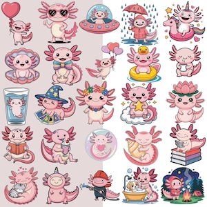 Pode incluir: Uma cole&ccedil;&atilde;o de ilustra&ccedil;&otilde;es de axolotls rosa em v&aacute;rias poses e ambientes. Alguns axolotls seguram bal&otilde;es, usam &oacute;culos de sol ou est&atilde;o em um OVNI. Outros est&atilde;o em uma concha, usando um chap&eacute;u de bruxa ou segurando uma estrela. O tema geral &eacute; fofo e caprichoso.