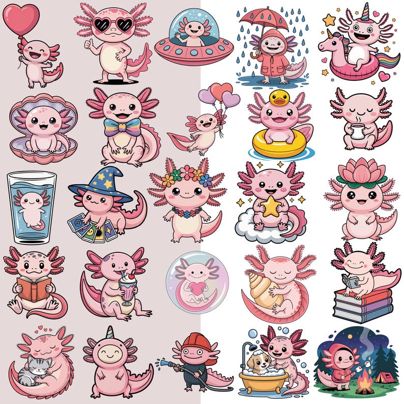 Pode incluir: Uma cole&ccedil;&atilde;o de ilustra&ccedil;&otilde;es de axolotls rosa em v&aacute;rias poses e ambientes. Alguns axolotls seguram bal&otilde;es, usam &oacute;culos de sol ou est&atilde;o em um OVNI. Outros est&atilde;o em uma concha, usando um chap&eacute;u de bruxa ou segurando uma estrela. O tema geral &eacute; fofo e caprichoso.
