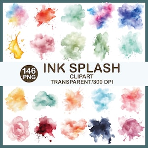 Peut inclure: Ensemble de 146 images clipart PNG de taches d'encre de différentes couleurs, dont le bleu, le rouge, le jaune et le vert. Le texte "INK SPLASH CLIPART TRANSPARENT/300 DPI" est affiché en dessous.