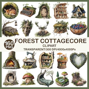 May include: A collection of 160 PNG clipart images with a forest cottagecore theme. The images include illustrations of a deer, a typewriter, a fairy door, a cottage, a cat, a tree face, a wooden bowl of berries, and more. The text reads "FOREST COTTAGECORE CLIPART".