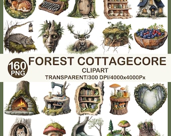 Pacchetto clipart Forest Cottagecore, animali fatati del bosco (download digitale PNG)