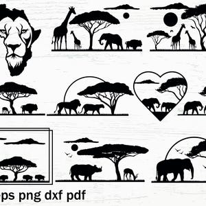 K&ouml;nnte beinhalten: Schwarz-wei&szlig;e Silhouette-Vektorgrafiken verschiedener afrikanischer Tiere, darunter ein L&ouml;we, eine Giraffe, ein Elefant, ein Nashorn und ein Zebra. Die Tiere sind in verschiedenen Posen dargestellt, darunter stehend, gehend und rennend. Die Grafiken sind vor einem einfachen Hintergrund aus B&auml;umen und B&uuml;schen platziert.