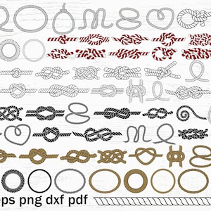 Könnte beinhalten: Ein Set mit 50 Illustrationen von schwarzen, weißen, grauen, braunen und roten Seilknoten. Die Knoten haben verschiedene Formen und Größen, darunter Kreise, Quadrate und Herzen. Die Illustrationen eignen sich perfekt für die Verwendung in Bastelarbeiten, Scrapbooking und anderen kreativen Projekten.