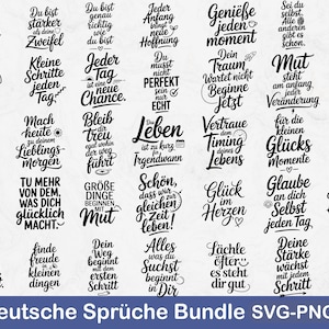 Peut inclure: Un ensemble numérique de 35 citations allemandes inspirantes, dans différentes polices de caractères. Les phrases sont en noir, avec le titre "35 Deutsche Sprüche Bundle SVG-PNG-PDF" en bas.
