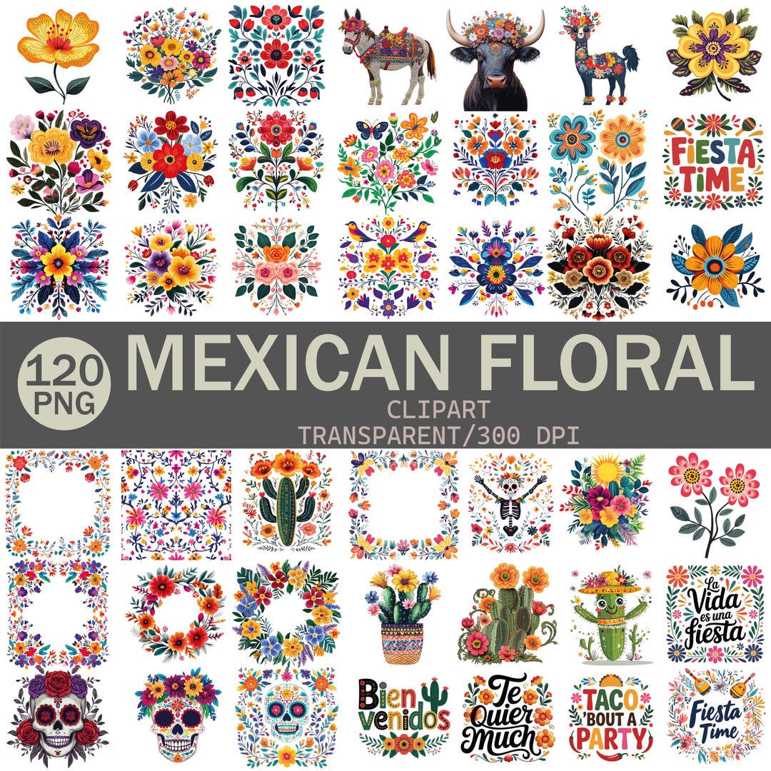 Paquete de imágenes prediseñadas florales mexicanas: flores de fiesta,  calaveras de azúcar (PNG, 300 DPI) (descarga digital) - Etsy México, image size:1080x1080