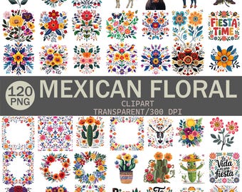 Paquete de imágenes prediseñadas florales mexicanas: flores de fiesta, calaveras de azúcar (PNG, 300 DPI) (descarga digital)