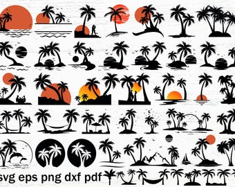 Puede incluir: Una colección de diseños de siluetas negras con palmeras, puestas de sol y escenas tropicales. Los diseños incluyen varias composiciones con soles, islas y siluetas de personas. La imagen también incluye el texto "SVG EPS PNG DXF PDF".