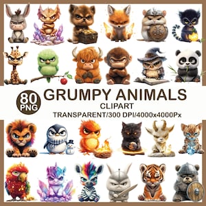 May include: A collection of 20 cartoon animal clip art images with a grumpy expression. The animals include a donkey, dragon, bear, fox, hamster, cat, giraffe, bird, bull, monkey, owl, panda, lion, penguin, and more. The text reads "80 Grumpy Animals Clipart".