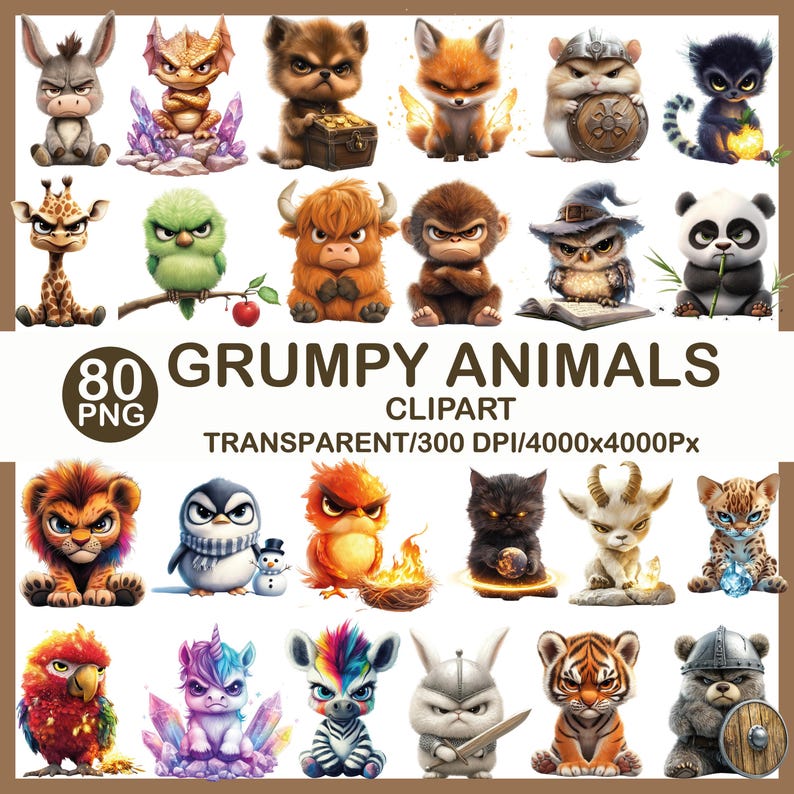 Grumpy Animals Clipart | Funny Angry PNG, Fantasy Creatures (80 PNG ...