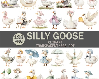 Silly Goose Clipart Mega Pack – 198 Charming Goose Illustrations | 3125 × 3125 px, 300 DPI, Transparent PNG | Commercial & Personal Use