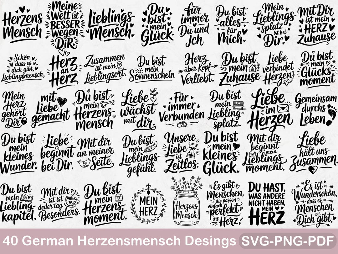 40 German Love Sayings SVG Bundle, Romantic Typography (svg, Png, Pdf