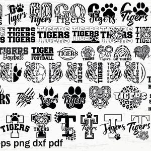 May include: A collection of black and white tiger-themed graphics, including paw prints, tiger heads, and the word "Tigers" in various fonts and styles. The graphics are perfect for creating custom designs for t-shirts, mugs, and other merchandise.