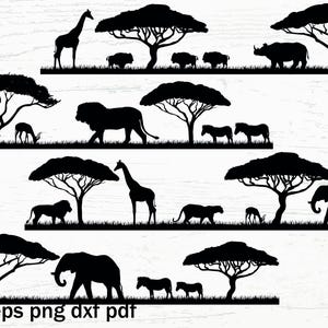 K&ouml;nnte beinhalten: Silhouetten verschiedener afrikanischer Tiere, darunter Giraffen, Zebras, Elefanten, Nash&ouml;rner und L&ouml;wen, vor dem Hintergrund von Akazienb&auml;umen. Die Tiere sind alle zum Betrachter gewandt und in einer horizontalen Linie angeordnet.
