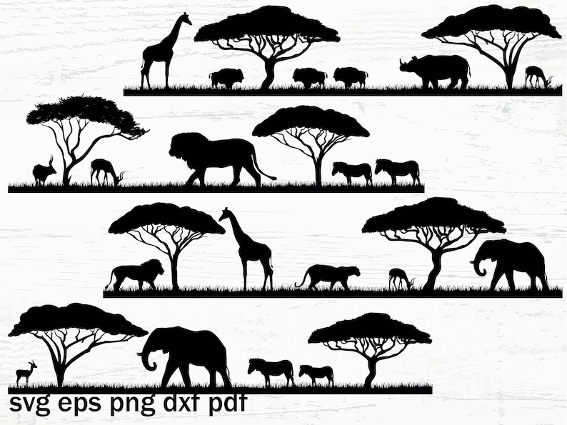 K&ouml;nnte beinhalten: Silhouetten verschiedener afrikanischer Tiere, darunter Giraffen, Zebras, Elefanten, Nash&ouml;rner und L&ouml;wen, vor dem Hintergrund von Akazienb&auml;umen. Die Tiere sind alle zum Betrachter gewandt und in einer horizontalen Linie angeordnet.