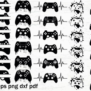 May include: A set of 10 black and white vector graphics of a video game controller with a heartbeat line. The graphics are in different styles, including dripping, splattered, and simple. The text "svg eps png dxf pdf" is at the bottom of the image.